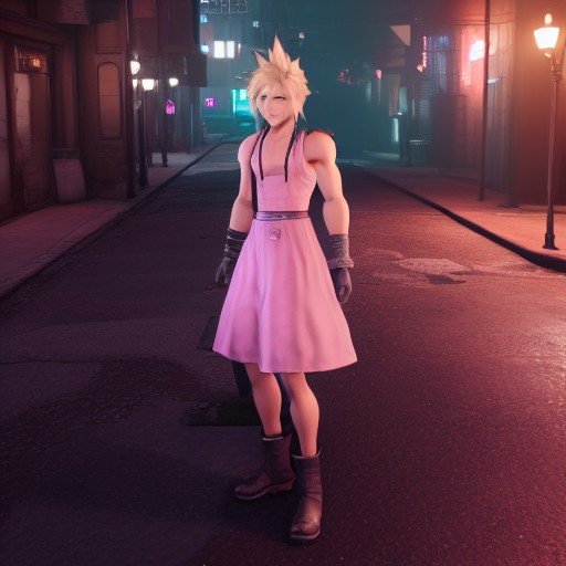 cloud strife in a simple pink dress standing on the streets of midgar city business district
